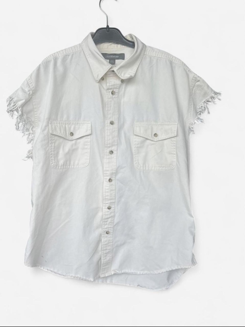 croft & barrow White Short-Sleeve Button-Down Shirt with Frayed Sleeves